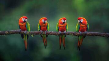 Four vibrant Scarlet Macaws perched on a branch in a lush green rainforest A stunning display of tropical birdlife photo