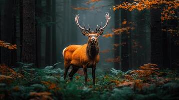 Majestic Red Deer Stag in Autumn Forest Woodland Nature Scene photo