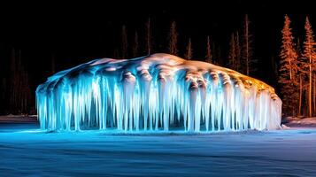 Majestic Ice Formation at Night Illuminated with Blue and Orange Lights Winter Wonderland Scene photo
