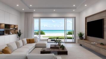 Modern Beachfront Living Room Interior Design with Ocean View Sliding Doors and Sectional Sofa photo
