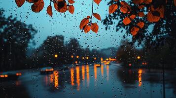 Rainy Autumn Evening Cityscape Viewed Through a Window with Red Leaves photo