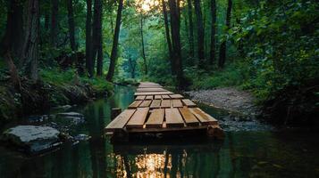 Serene Wooden Footbridge Across a Forest Stream at Sunset Tranquil Nature Scene Idyllic Pathway photo