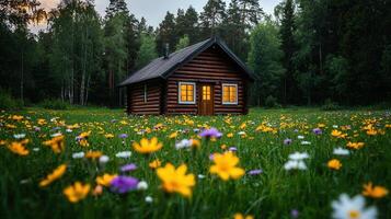 Charming Log Cabin nestled in a vibrant Wildflower Meadow surrounded by a lush green forest at Dusk photo