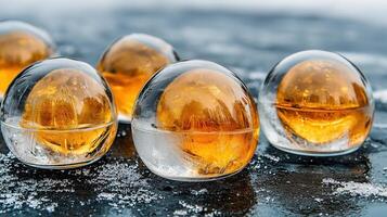 esférico hielo pelotas lleno con ámbar líquido para cócteles refrescante bebidas lujo hielo cubitos foto