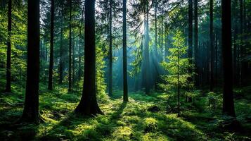 Majestic Sunlight Streams Through Lush Green Forest Canopy Tall Trees and Mossy Undergrowth photo