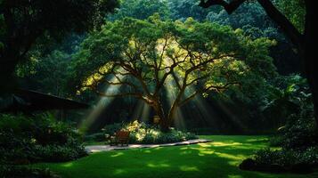 Serene Park Scene Sunbeams through Lush Greenery Tranquil Bench near Majestic Tree photo