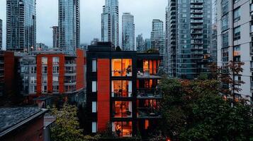 Modern apartment building with illuminated windows at dusk among high rise city buildings photo
