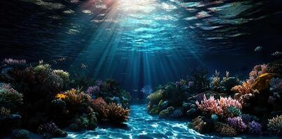 Vibrant Underwater Coral Reef Scene Sunlight Rays Illuminate Colorful Fish Ocean Floor photo