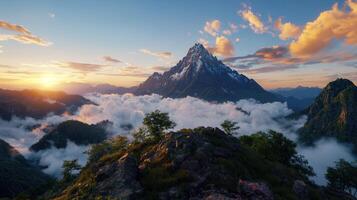 Majestic Sunset View of a Snow Capped Mountain Peak above a Sea of Clouds in a Mountain Range photo