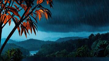 Dramatic Rainforest Landscape Under Heavy Rainfall Tropical Tree Silhouette Overlooking Lush Green Mountains and River photo