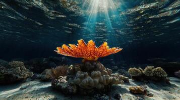 Underwater Scene of Vibrant Orange Coral Reef Illuminated by Sunbeams A Stunning Ocean Floor Landscape photo