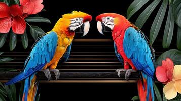Two Vibrant Macaws Perched on Branch Tropical Flowers Black Background photo