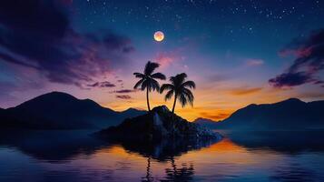 Serene Sunset Landscape Two Palm Trees on a Rocky Island in a Calm Ocean Under a Full Moon and Starry Sky photo