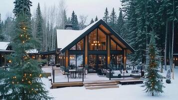 Stunning Modern A Frame Cabin Winter Wonderland Snow Covered Deck Festive Lights Forest photo