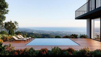 Luxury Villa Infinity Pool Overlooking Stunning Ocean and Mountain Views Relaxing Loungers on Wooden Deck photo