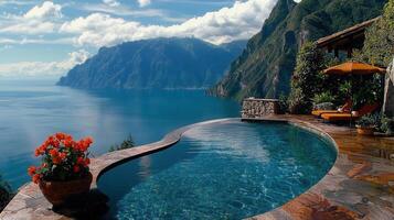 Infinity Pool Luxury Resort Overlooking Stunning Mountain Lake Scenery photo