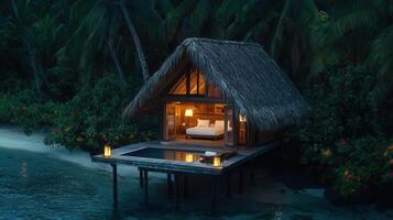 Luxurious Tropical Overwater Bungalow at Night with Private Pool and Ocean View photo