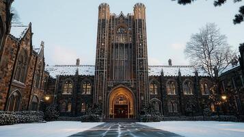 Majestic Gothic Architecture Building Snow Covered Winter Scene Beautiful Collegiate Building Exterior at Dusk photo
