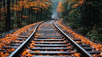 Scenic Autumn Railroad Tracks Winding Through a Misty Forest Fallen leaves cover the rails photo