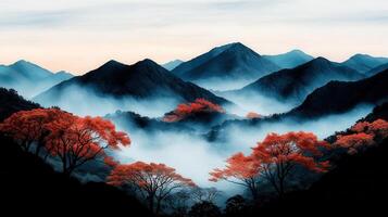 Serene Misty Mountain Landscape with Vibrant Red Trees Peaceful Autumn Scenery Breathtaking Nature photo