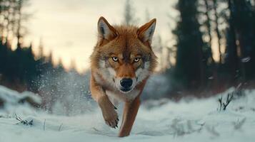 Majestic Red Wolf Running Through Snowy Winter Forest Landscape Wildlife photo