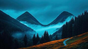 Serene Mountain Valley Landscape at Dusk A Misty Trail Winding Through Evergreen Forest Majestic Peaks Enveloped in Fog photo