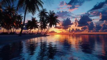 Serene Tropical Sunset at a Beach Paradise with Palm Trees Silhouetted against Vibrant Sky and Calm Ocean Waters photo
