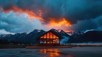 Illuminated Cabin at Sunset Dramatic Mountain Landscape Scenic View photo