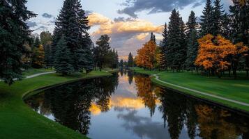 Serene Autumn Park Canal Sunset Reflection Peaceful Landscape Scenery photo