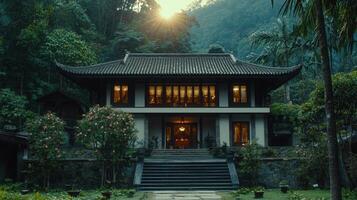 Serene Asian Style House nestled in Lush Green Foliage at Sunset Tranquil Villa with Stone Steps and Illuminated Windows photo