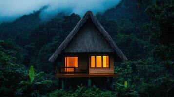 Illuminated Jungle Hut at Night Tropical Bamboo Cabin in Lush Rainforest photo