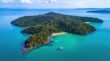 Tropical Island Paradise Secluded Beach Cove with Boat and Lush Green Foliage An Aerial View of a Stunning Island Escape photo