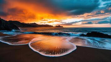 Dramatic Ocean Sunset Landscape with Waves on Sandy Beach and Mountains photo
