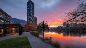 Stunning sunrise colors reflect on calm lake with modern high rise buildings and palm trees nearby pathway photo