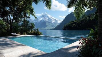 Luxurious Poolside Relaxation Tropical Paradise Stunning Mountain Lake View photo