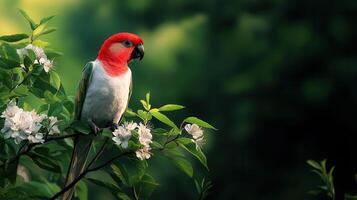 Red and white Parrot Perched on Blooming Branch in Lush Green Nature Setting photo