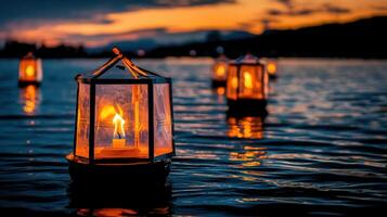 Illuminated Floating Lanterns on Calm Water at Sunset a Serene and Peaceful Scene photo