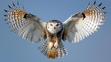 Majestic Snowy Owl in Flight Wings Spread Wide Against a Clear Blue Sky A Powerful Bird of Prey Soaring High photo