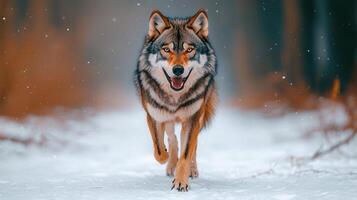 Majestic Gray Wolf Walking in Snowy Winter Forest A Powerful Canine in a Winter Wonderland Scene Wild Animal photo