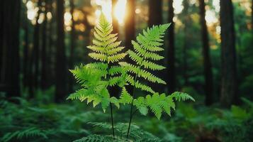 Lush Green Ferns Illuminated by Sunlight in a Forest Setting Perfect for nature backgrounds or environmental themes photo