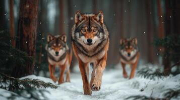 Majestic Wolves Walking Through Snowy Winter Forest Pack of Wolves in Winter Wonderland photo
