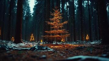 Enchanting Winter Forest Scene Illuminated Pine Tree in Snowfall Magical Christmas Atmosphere photo