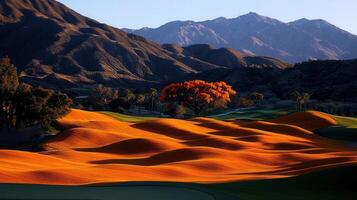 Scenic Autumnal Golf Course Landscape with Vibrant Orange Hills and a Single Tree photo