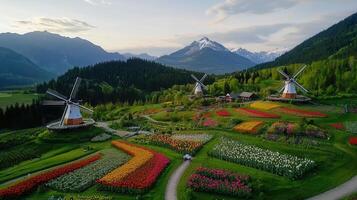 Scenic View of Windmills in a Vibrant Tulip Field Surrounded by Majestic Mountains at Sunset photo