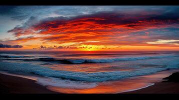 Vibrant Ocean Sunset with Rolling Waves and Dramatic Sky Colors at Beach photo