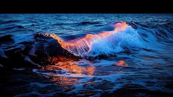Dramatic Ocean Wave at Sunset Glowing with Fiery Orange Light Reflecting on Water photo