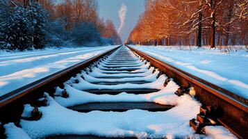 Scenic Winter Railroad Tracks Snow Covered Rails Landscape Beautiful Winter Sunrise Railway photo