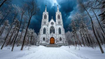 Majestic White Church in Snowy Winter Forest Dramatic Sky Landscape photo
