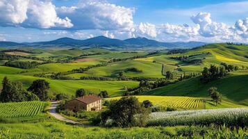 Serene Tuscan Countryside Landscape Rolling Hills Farm House Scenic View photo