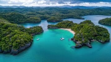 Serene Tropical Island Paradise Turquoise Waters Encircling Lush Green Islands with Catamarans photo